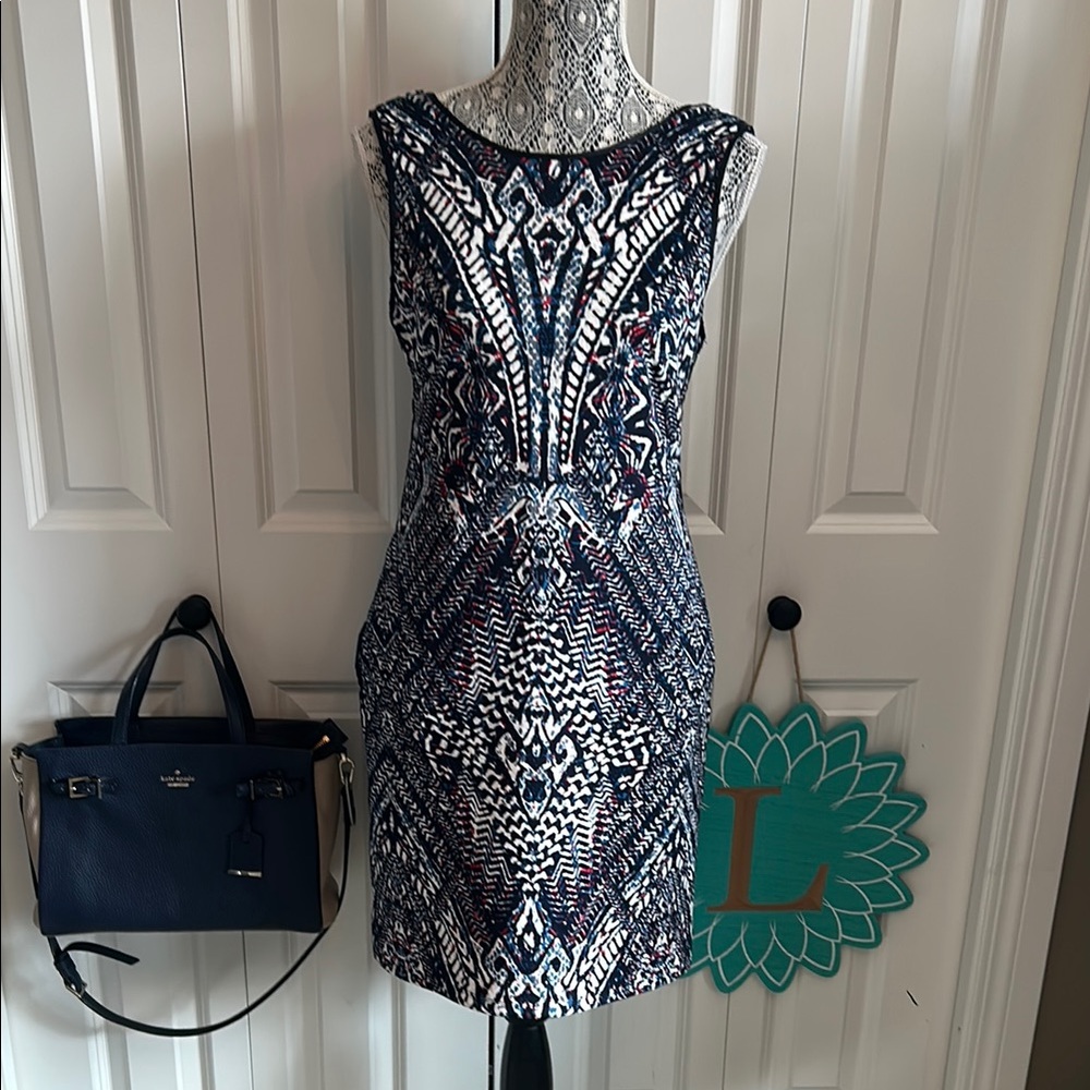 Dex Blue and White Sheath Mini Dress Sleeveless Scoop Neck
